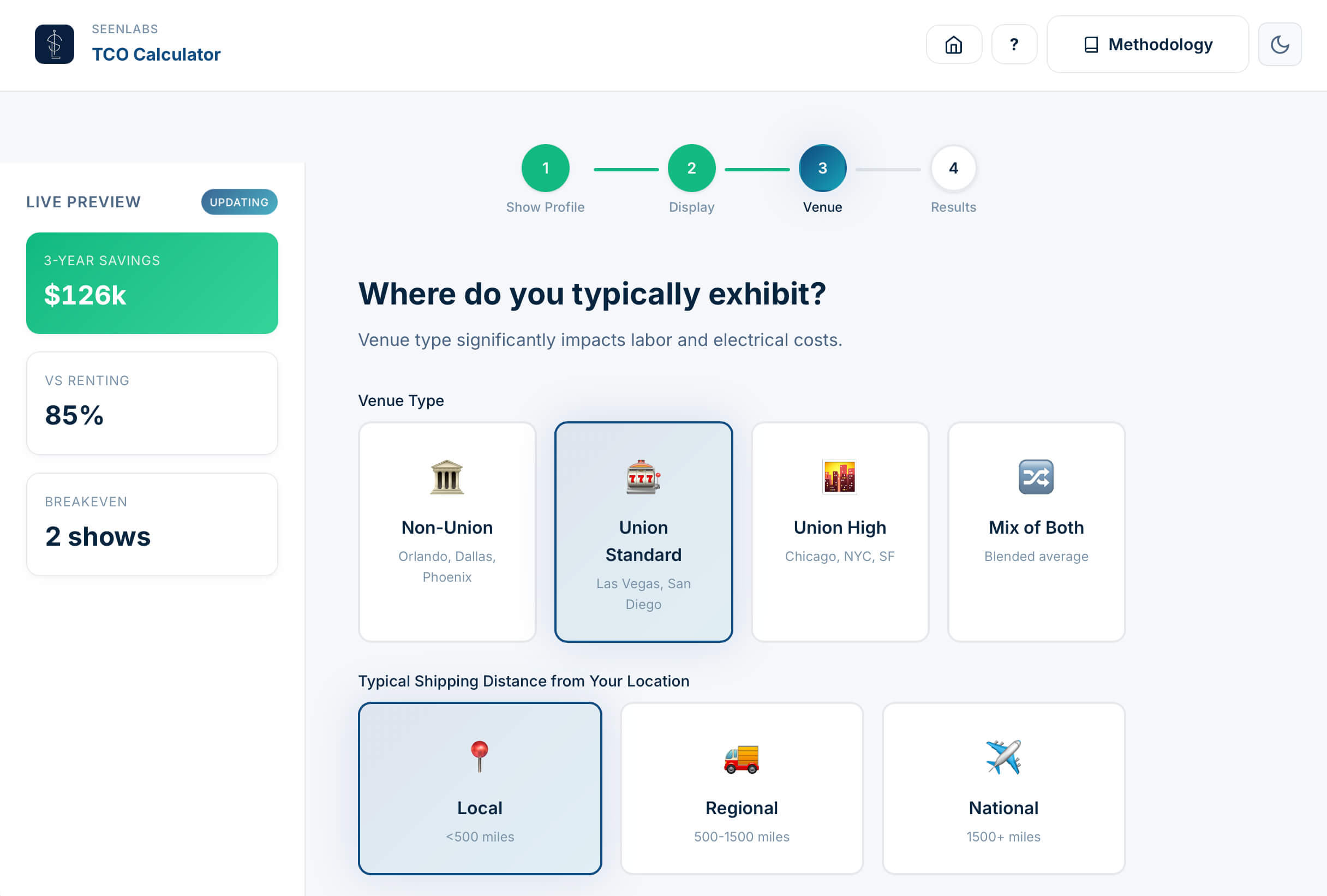 Trade Show TCO Calculator Interface - compare rental vs ownership costs
